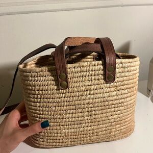 Natural Palm Straw Bag with Brown Leather Handles